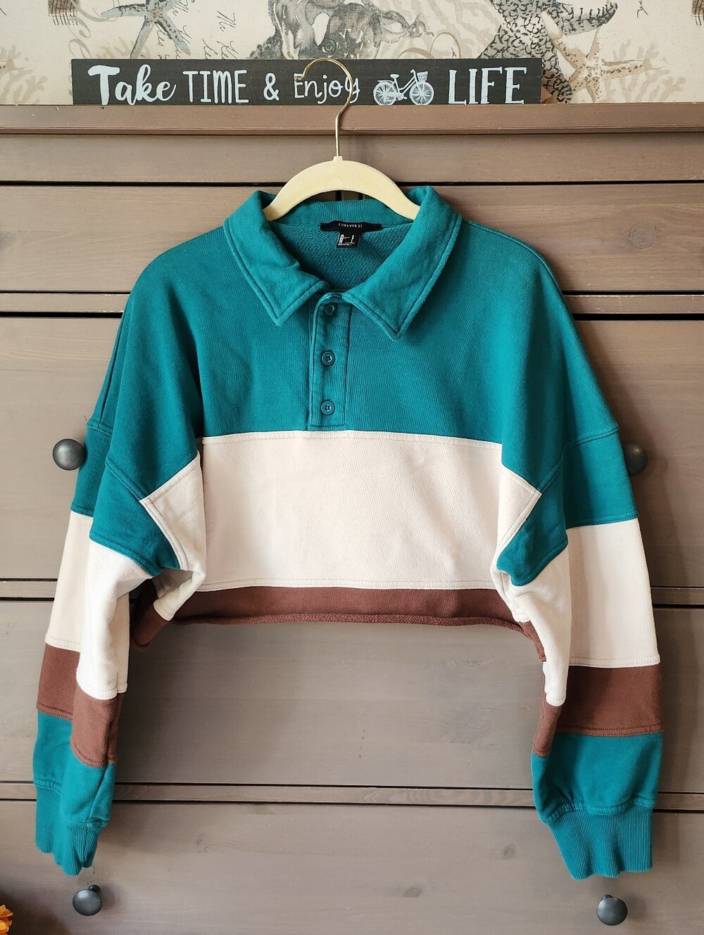 Colorblock cropped rugby polo sweatshirt Women's size Large